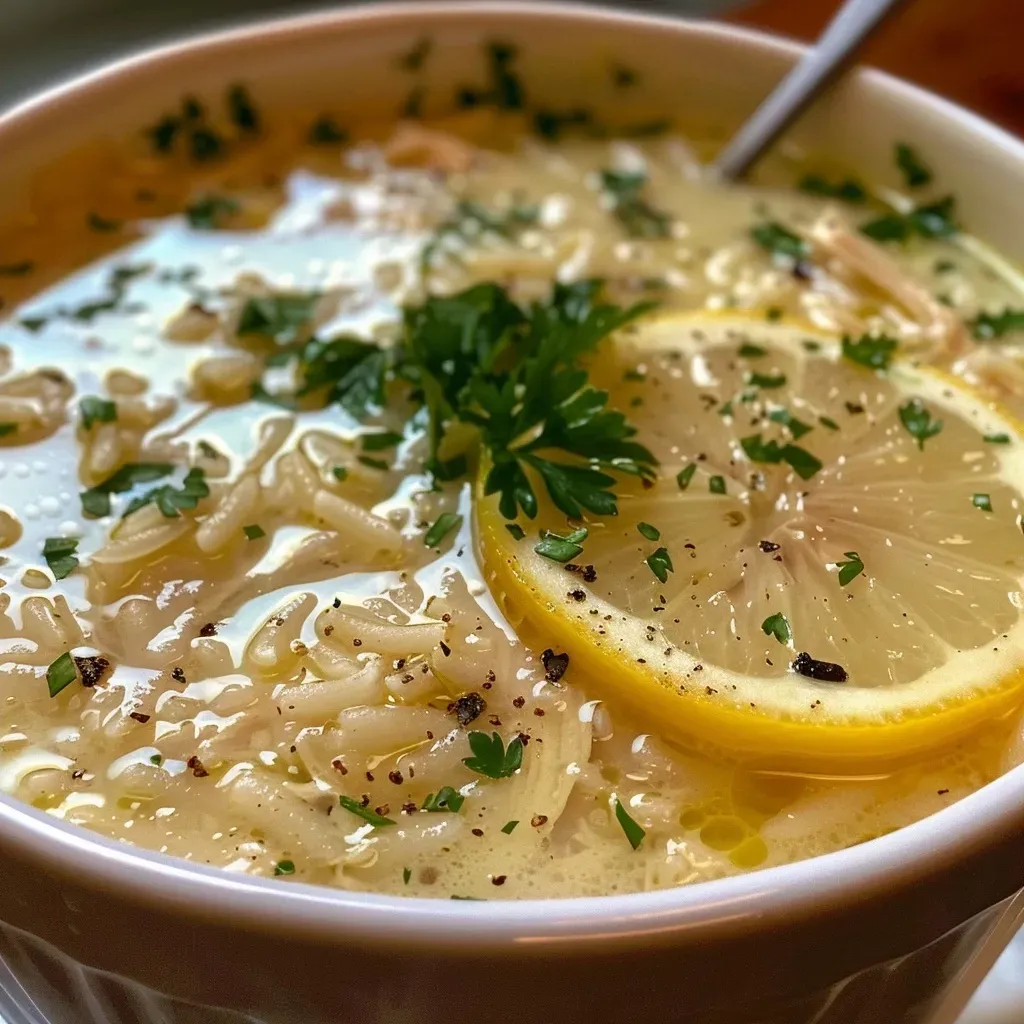 ['Close-up view of a bowl of Avgolemono soup, showcasing its creamy texture and garnished with fresh herbs.', 'Side view of a steaming bowl of Greek Avgolemono soup, highlighting the vibrant yellow color and rice.', 'A delicious serving of Avgolemono soup with a glossy surface, garnished with parsley and lemon.', 'Close-up of Avgolemono soup in a bowl, featuring a smooth consistency with herbs on top.']