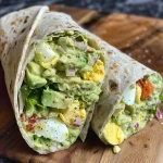 ['Close-up view of a fresh avocado egg salad wrap, showcasing layers of egg salad and greens.', 'Side angle of a creamy avocado egg salad wrap with vibrant ingredients peeking out.', 'Juicy avocado egg salad wrap displayed on a wooden surface, highlighting its colorful filling.', 'Detail shot of an avocado egg salad wrap, featuring chopped eggs, avocado, and vegetables.']