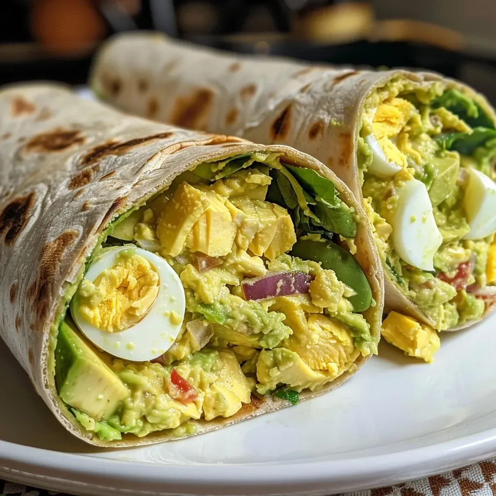 ['Close-up view of a fresh avocado egg salad wrap, showcasing layers of egg salad and greens.', 'Side angle of a creamy avocado egg salad wrap with vibrant ingredients peeking out.', 'Juicy avocado egg salad wrap displayed on a wooden surface, highlighting its colorful filling.', 'Detail shot of an avocado egg salad wrap, featuring chopped eggs, avocado, and vegetables.']