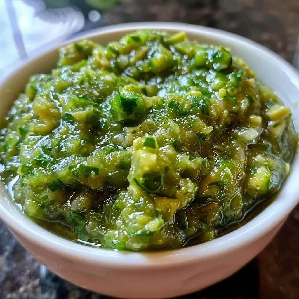 ['Close-up view of creamy avocado green salsa in a bowl, showcasing its smooth texture.', 'Side view of a vibrant avocado green salsa with fresh ingredients surrounding it.', 'An iPhone photo capturing a bowl of avocado green salsa with a glossy finish.', 'Juicy avocado green salsa displayed in a bowl, highlighting its fresh ingredients.']