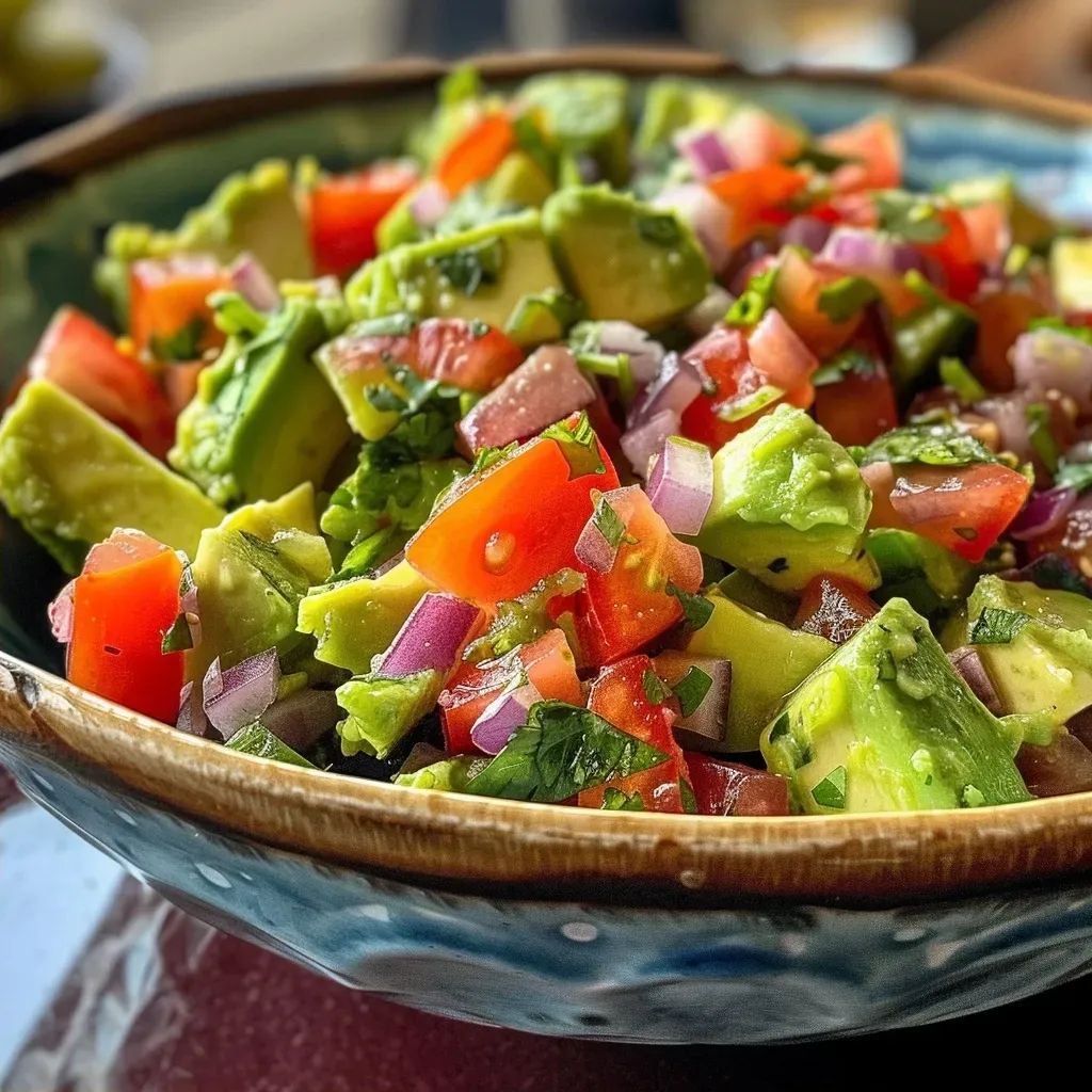 Close-up view of a bowl of colorful avocado salsa with diced ingredients.