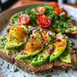 ['Close-up view of avocado toast topped with red onion and cherry tomatoes on quinoa bread.', 'Side view of a delicious avocado toast garnished with cress on a slice of quinoa bread.', 'Juicy avocado spread on quinoa bread, decorated with sliced cherry tomatoes and red onion.', 'Quinoa bread topped with creamy avocado and colorful vegetables, shown from the side.']