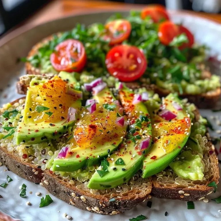 ['Close-up view of avocado toast topped with red onion and cherry tomatoes on quinoa bread.', 'Side view of a delicious avocado toast garnished with cress on a slice of quinoa bread.', 'Juicy avocado spread on quinoa bread, decorated with sliced cherry tomatoes and red onion.', 'Quinoa bread topped with creamy avocado and colorful vegetables, shown from the side.']