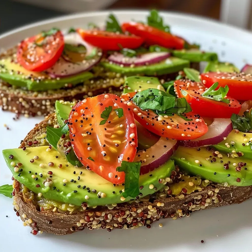 ['Close-up view of avocado toast topped with red onion and cherry tomatoes on quinoa bread.', 'Side view of a delicious avocado toast garnished with cress on a slice of quinoa bread.', 'Juicy avocado spread on quinoa bread, decorated with sliced cherry tomatoes and red onion.', 'Quinoa bread topped with creamy avocado and colorful vegetables, shown from the side.']