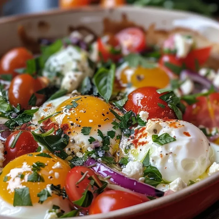 ['A close-up view of baked feta eggs with colorful vegetables and herbs.', 'A side view of baked feta eggs featuring cherry tomatoes and spinach.', 'A vibrant dish of baked feta eggs topped with fresh herbs and spices.', 'An appetizing presentation of baked feta eggs with a golden brown feta cheese topping.']