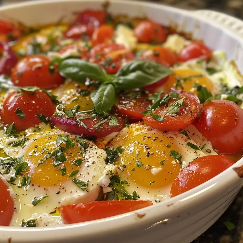 ['A close-up view of baked feta eggs with colorful vegetables and herbs.', 'A side view of baked feta eggs featuring cherry tomatoes and spinach.', 'A vibrant dish of baked feta eggs topped with fresh herbs and spices.', 'An appetizing presentation of baked feta eggs with a golden brown feta cheese topping.']