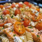 ['Close-up view of Baked Feta Pasta with Salmon, featuring creamy feta and cherry tomatoes.', 'Side view of a dish containing Baked Feta Pasta topped with succulent salmon and herbs.', 'A vibrant plate of Baked Feta Pasta with pieces of salmon and cherry tomatoes, garnished with herbs.', 'Delicious serving of Baked Feta Pasta with Salmon, showcasing creamy feta and juicy tomatoes.']