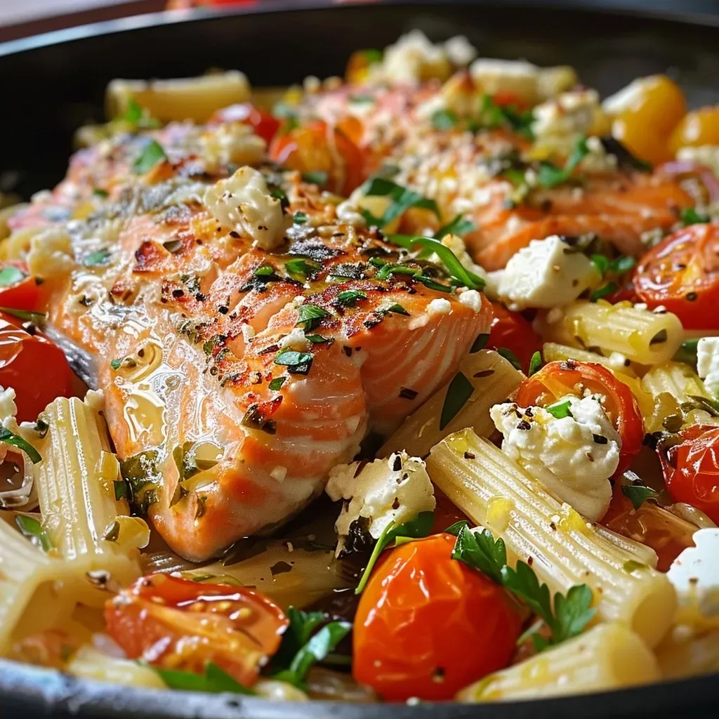 ['Close-up view of Baked Feta Pasta with Salmon, featuring creamy feta and cherry tomatoes.', 'Side view of a dish containing Baked Feta Pasta topped with succulent salmon and herbs.', 'A vibrant plate of Baked Feta Pasta with pieces of salmon and cherry tomatoes, garnished with herbs.', 'Delicious serving of Baked Feta Pasta with Salmon, showcasing creamy feta and juicy tomatoes.']