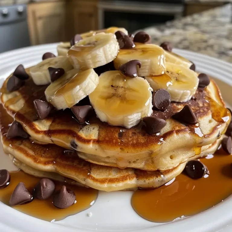 ['Close-up view of fluffy banana chocolate chip pancakes stacked on a plate.', 'Side angle of a stack of banana chocolate chip pancakes topped with chocolate chips.', 'Delicious banana chocolate chip pancakes with melted chocolate on a white plate.', 'A plate of golden pancakes with banana slices and chocolate chips, shot from the side.']