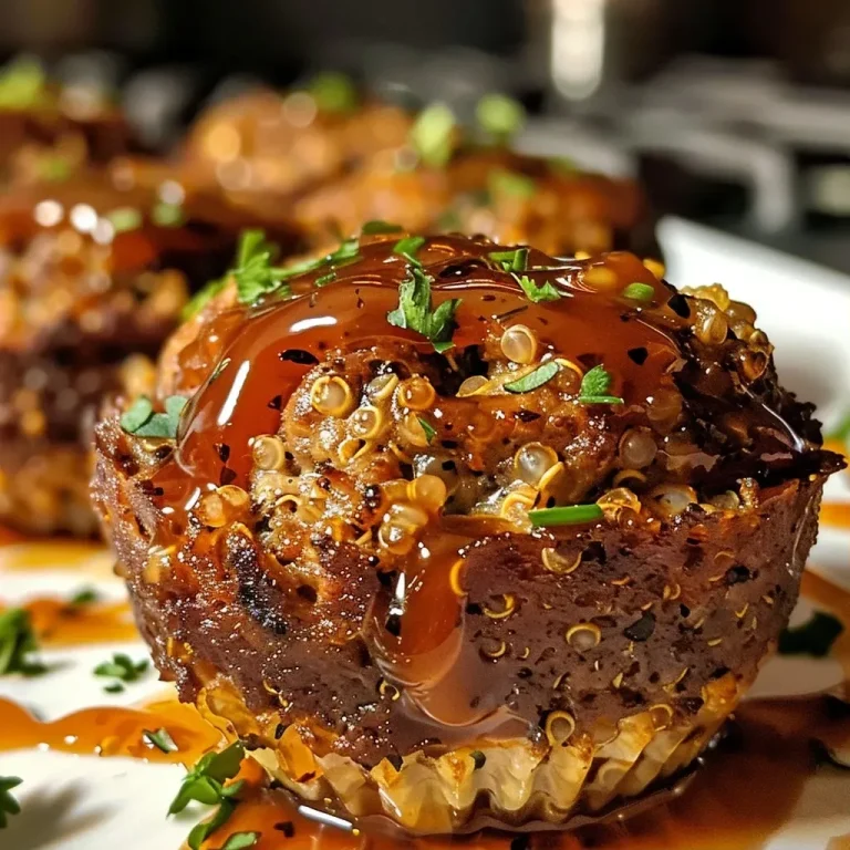 ['Juicy BBQ Meatloaf Muffins with a glaze on top, arranged invitingly.', 'Close-up view of BBQ Meatloaf Muffins, showcasing their texture and ingredients.', 'Plate featuring multiple BBQ Meatloaf Muffins, glistening with barbecue sauce.', 'Side view of BBQ Meatloaf Muffins displaying a moist and savory appearance.']
