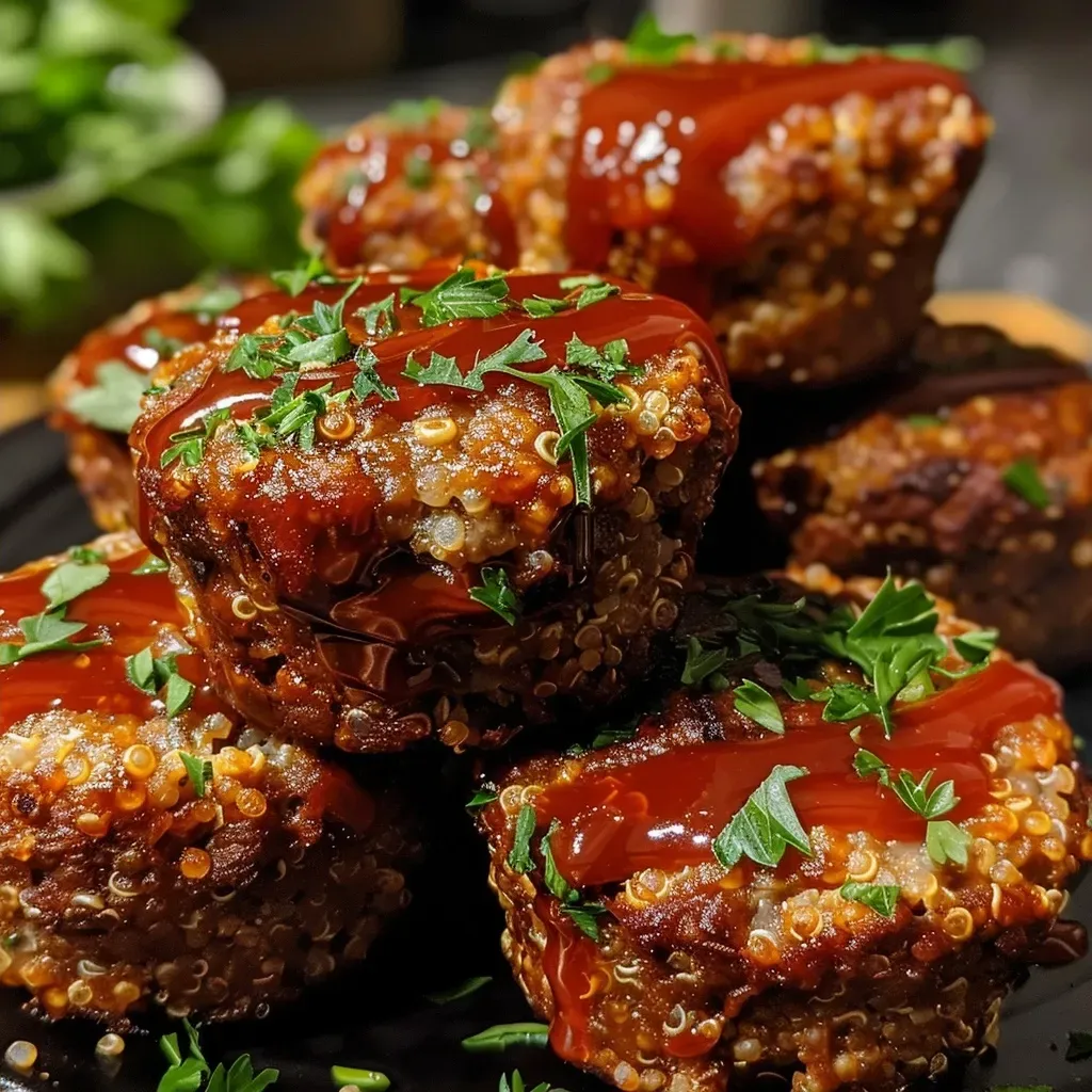 ['Juicy BBQ Meatloaf Muffins with a glaze on top, arranged invitingly.', 'Close-up view of BBQ Meatloaf Muffins, showcasing their texture and ingredients.', 'Plate featuring multiple BBQ Meatloaf Muffins, glistening with barbecue sauce.', 'Side view of BBQ Meatloaf Muffins displaying a moist and savory appearance.']