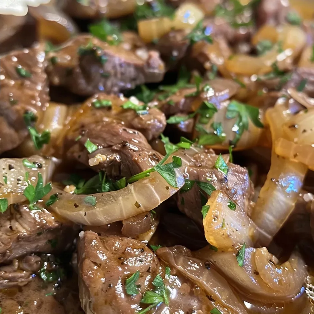 ['Close-up view of juicy beef liver slices sautéed with onions.', 'Side view of a plate featuring cooked beef liver and caramelized onions.', 'Juicy beef liver pieces served with golden-brown sautéed onions.', 'Detailed look at beef liver and onions on a rustic plate.']