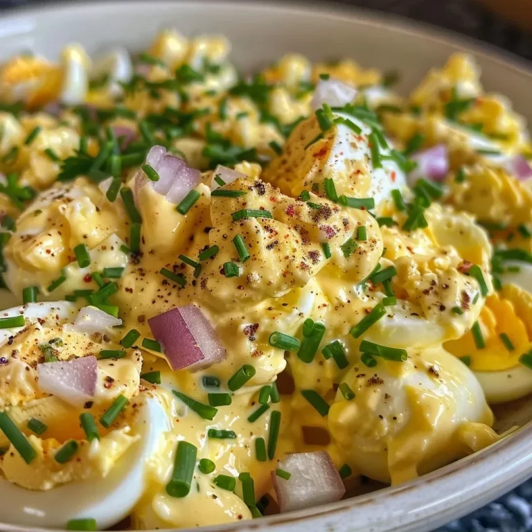 ['Close-up view of a creamy egg salad with herbs and onions.', 'Side photo of vibrant egg salad in a bowl with a sprinkle of herbs.', 'Delicious egg salad displayed with diced red onions and greens.', 'Juicy egg salad with a rich texture, garnished with parsley and chives.']
