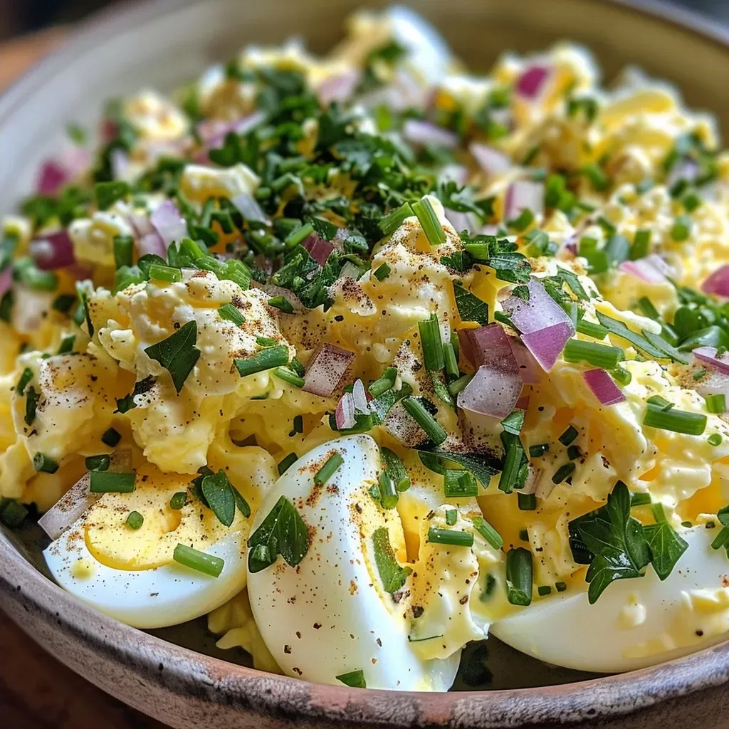 ['Close-up view of a creamy egg salad with herbs and onions.', 'Side photo of vibrant egg salad in a bowl with a sprinkle of herbs.', 'Delicious egg salad displayed with diced red onions and greens.', 'Juicy egg salad with a rich texture, garnished with parsley and chives.']