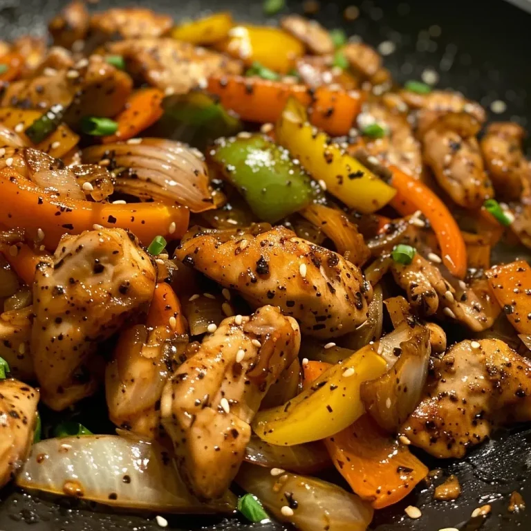 ['Close-up of Black Pepper Chicken Stir Fry with colorful vegetables.', 'Juicy chicken pieces stir-fried with black pepper and vibrant bell peppers.', 'A side view of Black Pepper Chicken with garlic, ginger, and onions.', 'Delicious Black Pepper Chicken Stir Fry garnished with sliced vegetables.']
