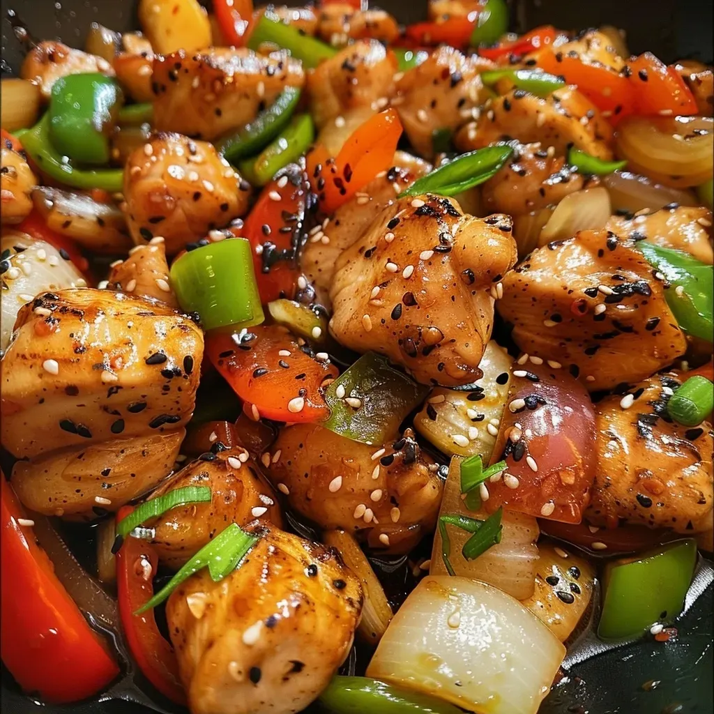 ['Close-up of Black Pepper Chicken Stir Fry with colorful vegetables.', 'Juicy chicken pieces stir-fried with black pepper and vibrant bell peppers.', 'A side view of Black Pepper Chicken with garlic, ginger, and onions.', 'Delicious Black Pepper Chicken Stir Fry garnished with sliced vegetables.']