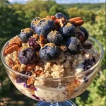 ['Close-up view of a layered Blueberry Quinoa Parfait in a glass, showcasing vibrant blueberries and creamy yogurt.', 'Side view of a Blueberry Quinoa Parfait with visible layers of quinoa, yogurt, and blueberries, garnished with pecans.', 'Detailed shot of a Blueberry Quinoa Parfait displaying rich colors and textures of the ingredients in a clear glass.', 'Artistic view of a delicious Blueberry Quinoa Parfait, highlighting the contrast of yogurt, blueberries, and toasted pecans.']