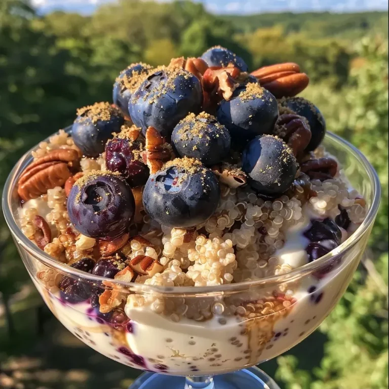 ['Close-up view of a layered Blueberry Quinoa Parfait in a glass, showcasing vibrant blueberries and creamy yogurt.', 'Side view of a Blueberry Quinoa Parfait with visible layers of quinoa, yogurt, and blueberries, garnished with pecans.', 'Detailed shot of a Blueberry Quinoa Parfait displaying rich colors and textures of the ingredients in a clear glass.', 'Artistic view of a delicious Blueberry Quinoa Parfait, highlighting the contrast of yogurt, blueberries, and toasted pecans.']