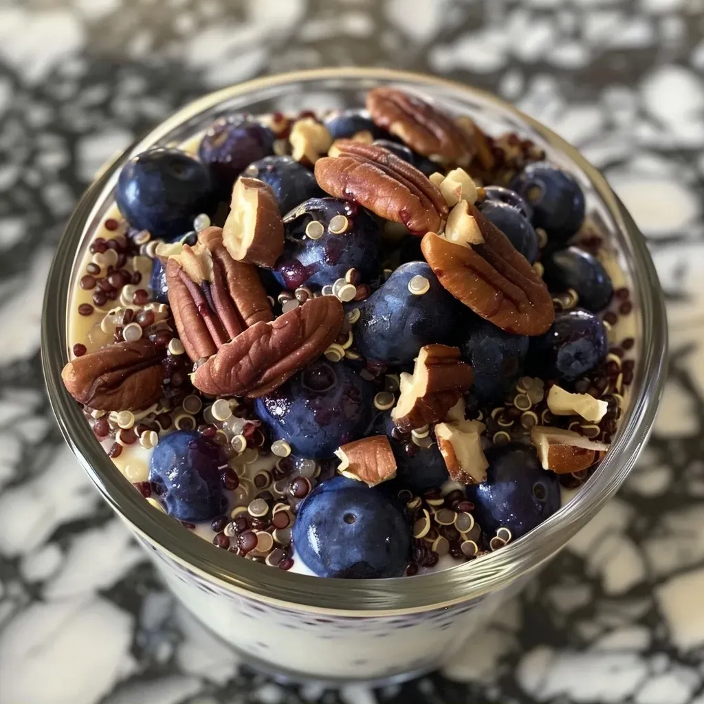 ['Close-up view of a layered Blueberry Quinoa Parfait in a glass, showcasing vibrant blueberries and creamy yogurt.', 'Side view of a Blueberry Quinoa Parfait with visible layers of quinoa, yogurt, and blueberries, garnished with pecans.', 'Detailed shot of a Blueberry Quinoa Parfait displaying rich colors and textures of the ingredients in a clear glass.', 'Artistic view of a delicious Blueberry Quinoa Parfait, highlighting the contrast of yogurt, blueberries, and toasted pecans.']