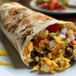 ['Juicy breakfast burrito filled with scrambled eggs and colorful vegetables, viewed from the side.', 'Side view of a delicious breakfast burrito with eggs, black beans, and bell peppers.', 'Close-up of a hearty breakfast burrito showcasing its vibrant ingredients, taken with an iPhone.', 'A warm breakfast burrito bursting with eggs, beans, and colorful toppings, side perspective.']