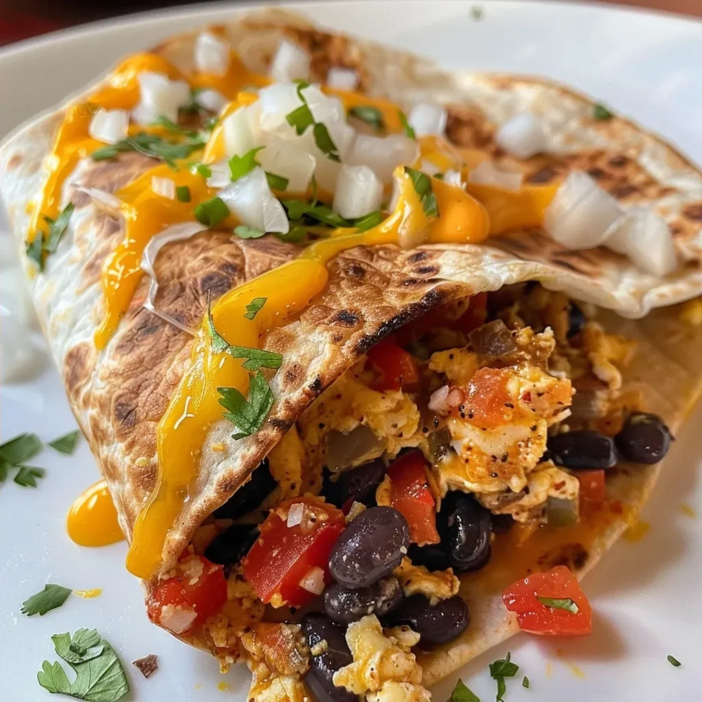 ['Juicy breakfast burrito filled with scrambled eggs and colorful vegetables, viewed from the side.', 'Side view of a delicious breakfast burrito with eggs, black beans, and bell peppers.', 'Close-up of a hearty breakfast burrito showcasing its vibrant ingredients, taken with an iPhone.', 'A warm breakfast burrito bursting with eggs, beans, and colorful toppings, side perspective.']