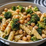 ['Close-up view of Broccoli Chickpea Pasta with garlic oil and red pepper flakes.', 'Side view of a colorful bowl of Broccoli Chickpea Pasta garnished with Parmesan cheese.', 'Juicy pasta dish featuring broccoli florets and chickpeas drizzled with olive oil.', 'A plate of Broccoli Chickpea Pasta showcasing vibrant greens and golden chickpeas.']