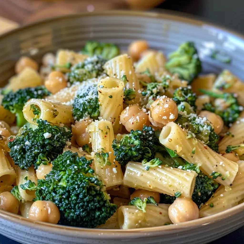 ['Close-up view of Broccoli Chickpea Pasta with garlic oil and red pepper flakes.', 'Side view of a colorful bowl of Broccoli Chickpea Pasta garnished with Parmesan cheese.', 'Juicy pasta dish featuring broccoli florets and chickpeas drizzled with olive oil.', 'A plate of Broccoli Chickpea Pasta showcasing vibrant greens and golden chickpeas.']