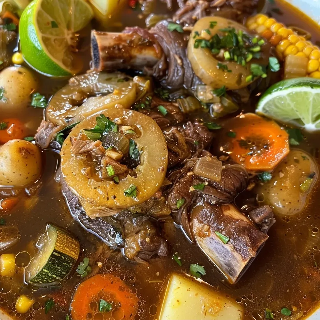 ['Side view of a steaming bowl of Caldo de Res with vibrant vegetables and beef.', 'Close-up of hearty Mexican beef soup featuring chunks of beef shank and fresh veggies.', 'Bowl of Caldo de Res showcasing tender beef, corn, and colorful vegetables in broth.', 'Delicious Caldo de Res soup with beef, potatoes, and cabbage, served in a rustic bowl.']