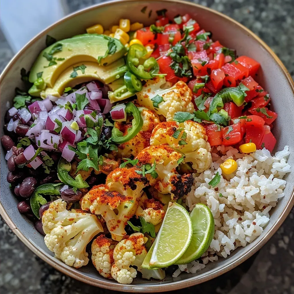 ['Close-up side view of a vibrant Cauliflower Burrito Bowl with colorful ingredients.', 'Side view photo of a delicious Cauliflower Burrito Bowl featuring fresh vegetables and rice.', 'Detailed view of a Cauliflower Burrito Bowl showcasing layers of rice, beans, and toppings.', 'Close-up of a colorful Cauliflower Burrito Bowl filled with assorted vegetables and spices.']