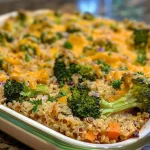 ['Close-up of a cheesy quinoa casserole with broccoli and cannellini beans, showing a golden brown top.', 'Side view of a delicious quinoa casserole, featuring green broccoli florets and a bubbling cheese layer.', 'An appetizing quinoa casserole filled with broccoli and beans, topped with melted cheese and herbs.', 'A hearty serving of cheesy quinoa casserole, highlighting vibrant broccoli pieces and creamy texture.']