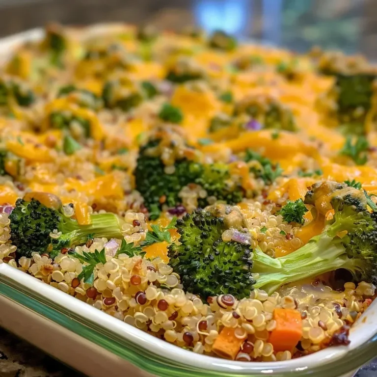 ['Close-up of a cheesy quinoa casserole with broccoli and cannellini beans, showing a golden brown top.', 'Side view of a delicious quinoa casserole, featuring green broccoli florets and a bubbling cheese layer.', 'An appetizing quinoa casserole filled with broccoli and beans, topped with melted cheese and herbs.', 'A hearty serving of cheesy quinoa casserole, highlighting vibrant broccoli pieces and creamy texture.']