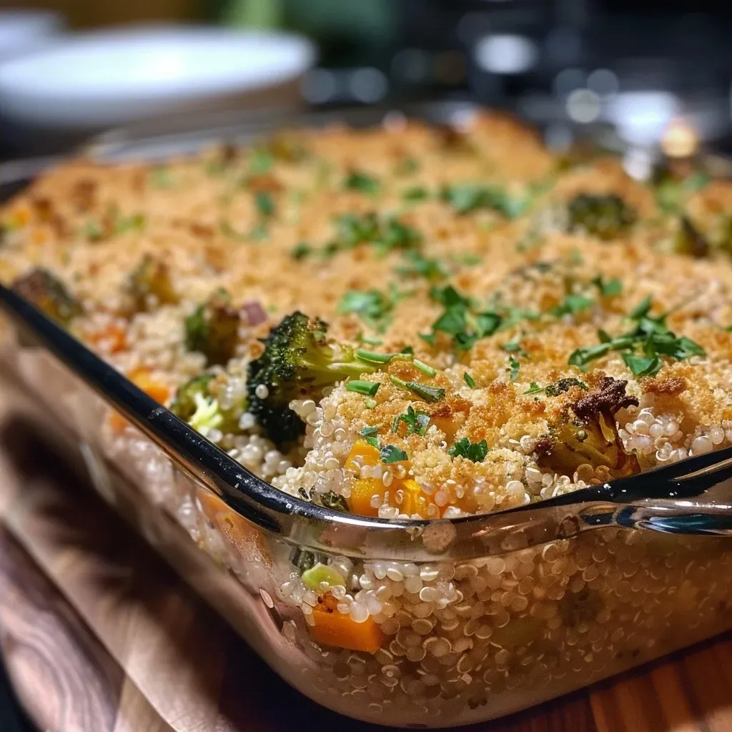 ['Close-up of a cheesy quinoa casserole with broccoli and cannellini beans, showing a golden brown top.', 'Side view of a delicious quinoa casserole, featuring green broccoli florets and a bubbling cheese layer.', 'An appetizing quinoa casserole filled with broccoli and beans, topped with melted cheese and herbs.', 'A hearty serving of cheesy quinoa casserole, highlighting vibrant broccoli pieces and creamy texture.']