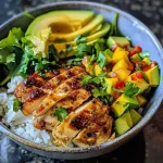 ['Close-up view of a Chicken and Rice Bowl featuring juicy chicken, rice, and vibrant toppings.', 'A colorful Chicken and Rice Bowl with diced avocado, mango cucumber salsa, and fresh herbs.', 'Side angle of a hearty Chicken and Rice Bowl, showcasing tender chicken thighs over white rice.', 'Detailed view of a Chicken and Rice Bowl with coconut milk, spices, and fresh vegetables.']