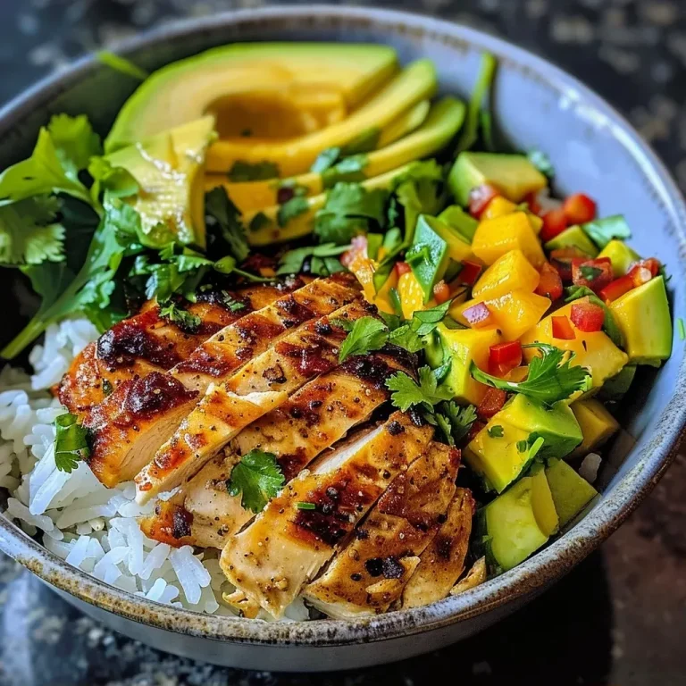 ['Close-up view of a Chicken and Rice Bowl featuring juicy chicken, rice, and vibrant toppings.', 'A colorful Chicken and Rice Bowl with diced avocado, mango cucumber salsa, and fresh herbs.', 'Side angle of a hearty Chicken and Rice Bowl, showcasing tender chicken thighs over white rice.', 'Detailed view of a Chicken and Rice Bowl with coconut milk, spices, and fresh vegetables.']