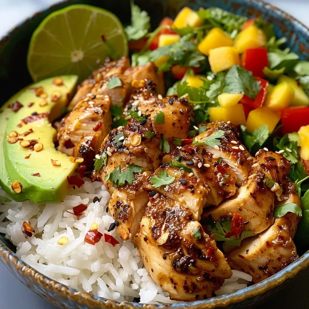 ['Close-up view of a Chicken and Rice Bowl featuring juicy chicken, rice, and vibrant toppings.', 'A colorful Chicken and Rice Bowl with diced avocado, mango cucumber salsa, and fresh herbs.', 'Side angle of a hearty Chicken and Rice Bowl, showcasing tender chicken thighs over white rice.', 'Detailed view of a Chicken and Rice Bowl with coconut milk, spices, and fresh vegetables.']