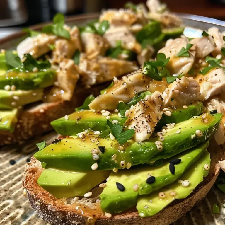 ['Close-up view of chicken avocado toast, showcasing fresh ingredients.', 'Side angle shot of toasted bread topped with chicken and avocado slices.', 'Juicy chicken and creamy avocado layered on protein toast.', 'Delicious stack of chicken avocado toast garnished with lemon.']