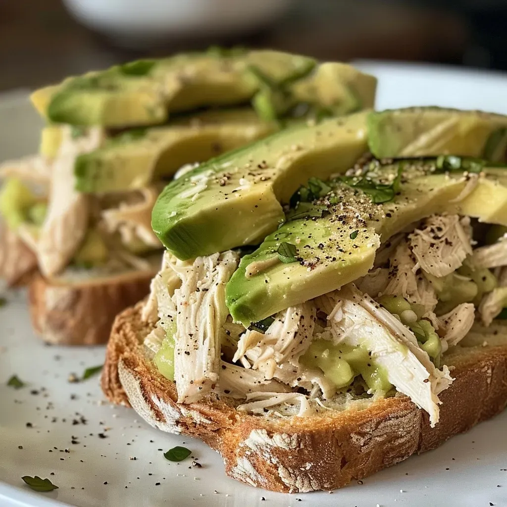 ['Close-up view of chicken avocado toast, showcasing fresh ingredients.', 'Side angle shot of toasted bread topped with chicken and avocado slices.', 'Juicy chicken and creamy avocado layered on protein toast.', 'Delicious stack of chicken avocado toast garnished with lemon.']