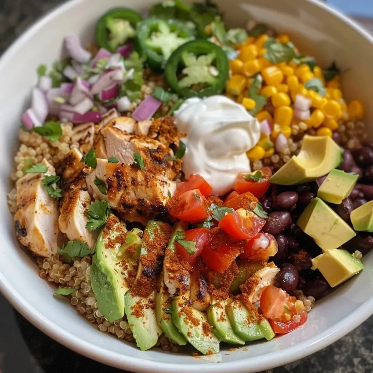 ['A close-up side view of a Chicken Burrito Bowl with colorful ingredients.', 'Juicy Chicken Burrito Bowl featuring layers of rice, beans, and fresh toppings.', 'A vibrant Chicken Burrito Bowl, showcasing shredded chicken thighs and diced vegetables.', 'A detailed view of a Chicken Burrito Bowl filled with chicken, avocado, and salsa.']