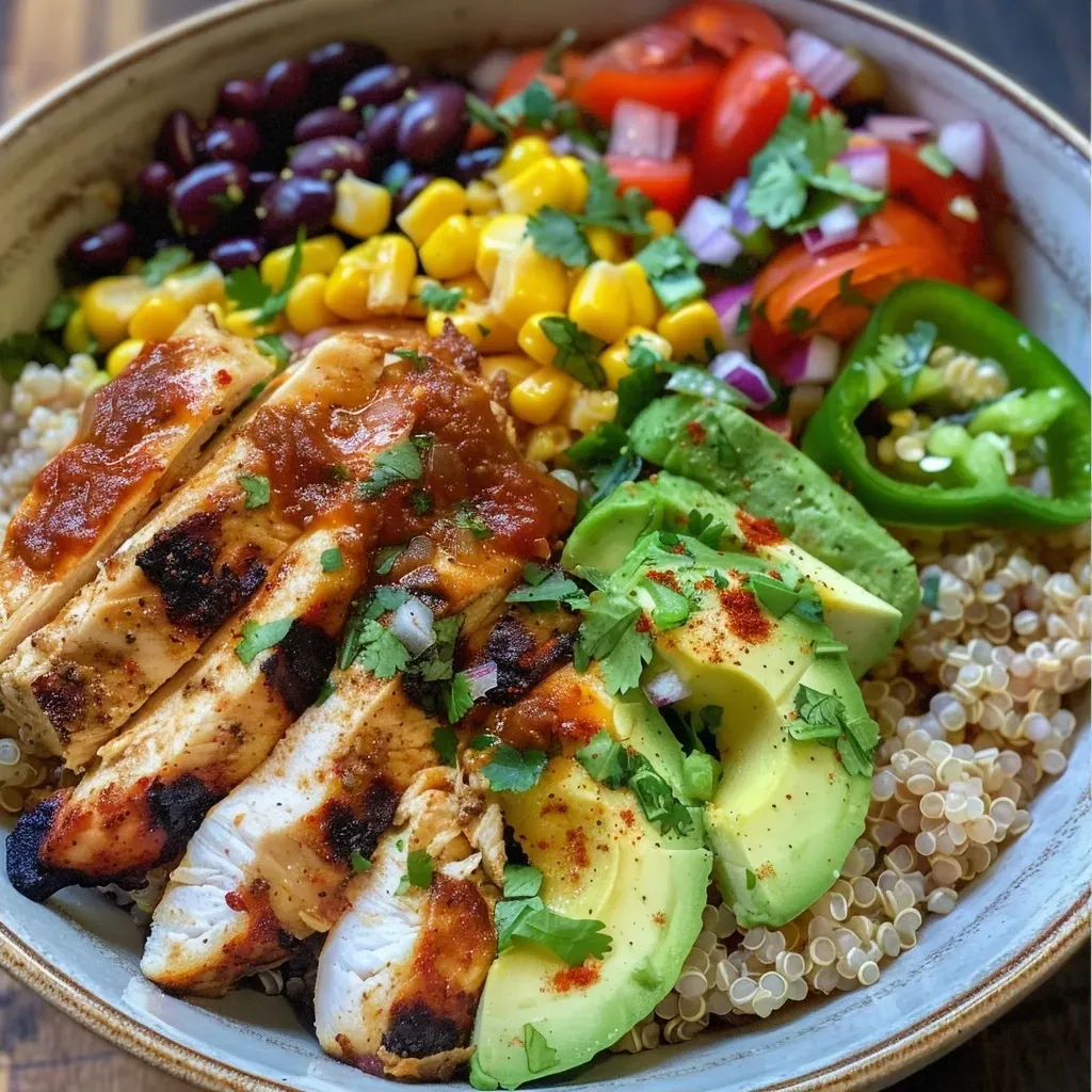 A close-up side view of a Chicken Burrito Bowl with colorful ingredients.