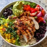 ['Close-up of a Chicken Burrito Protein Bowl with vibrant ingredients.', 'Side view of a colorful Chicken Burrito Protein Bowl showcasing fresh toppings.', 'Juicy Chicken Burrito Protein Bowl filled with rice, beans, and veggies.', 'Detailed shot of a protein-packed Chicken Burrito Bowl, highlighting layers of ingredients.']
