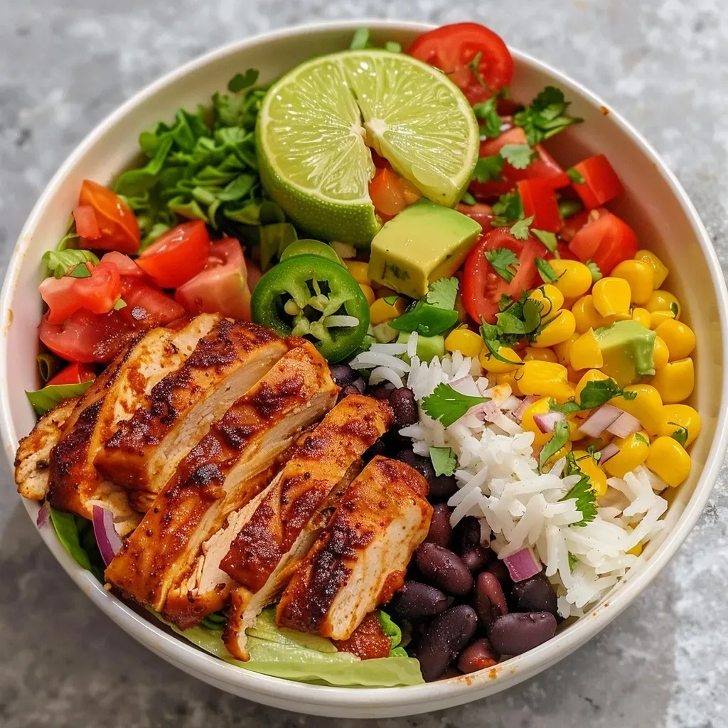 ['Close-up of a Chicken Burrito Protein Bowl with vibrant ingredients.', 'Side view of a colorful Chicken Burrito Protein Bowl showcasing fresh toppings.', 'Juicy Chicken Burrito Protein Bowl filled with rice, beans, and veggies.', 'Detailed shot of a protein-packed Chicken Burrito Bowl, highlighting layers of ingredients.']