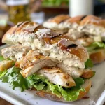 ['Juicy Chicken Caesar Sandwich with lettuce and croutons on ciabatta rolls.', 'Close-up view of Chicken Caesar Sandwich stacked with Parmesan cheese and romaine.', 'Side view of a delicious Chicken Caesar Sandwich filled with grilled chicken and dressing.', 'A hearty Chicken Caesar Sandwich featuring crunchy croutons and fresh ingredients.']