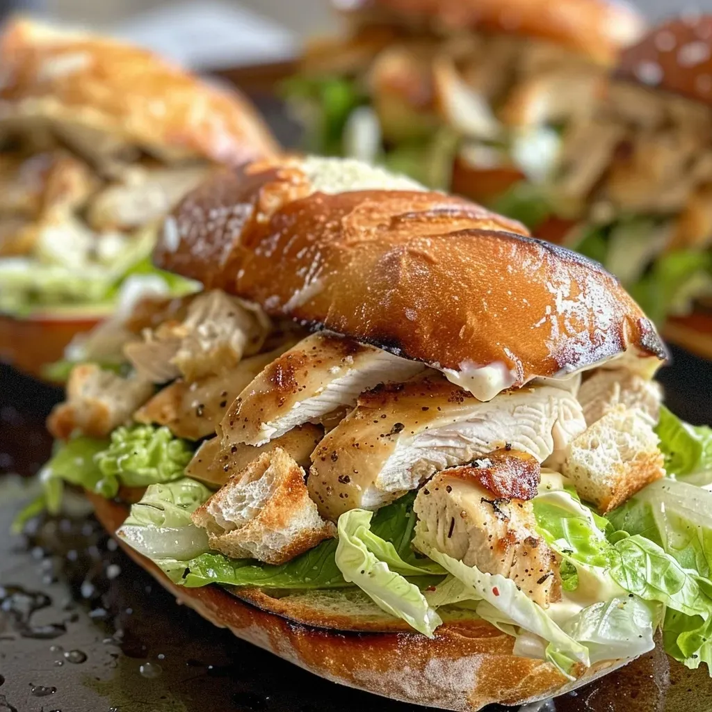 ['Juicy Chicken Caesar Sandwich with lettuce and croutons on ciabatta rolls.', 'Close-up view of Chicken Caesar Sandwich stacked with Parmesan cheese and romaine.', 'Side view of a delicious Chicken Caesar Sandwich filled with grilled chicken and dressing.', 'A hearty Chicken Caesar Sandwich featuring crunchy croutons and fresh ingredients.']