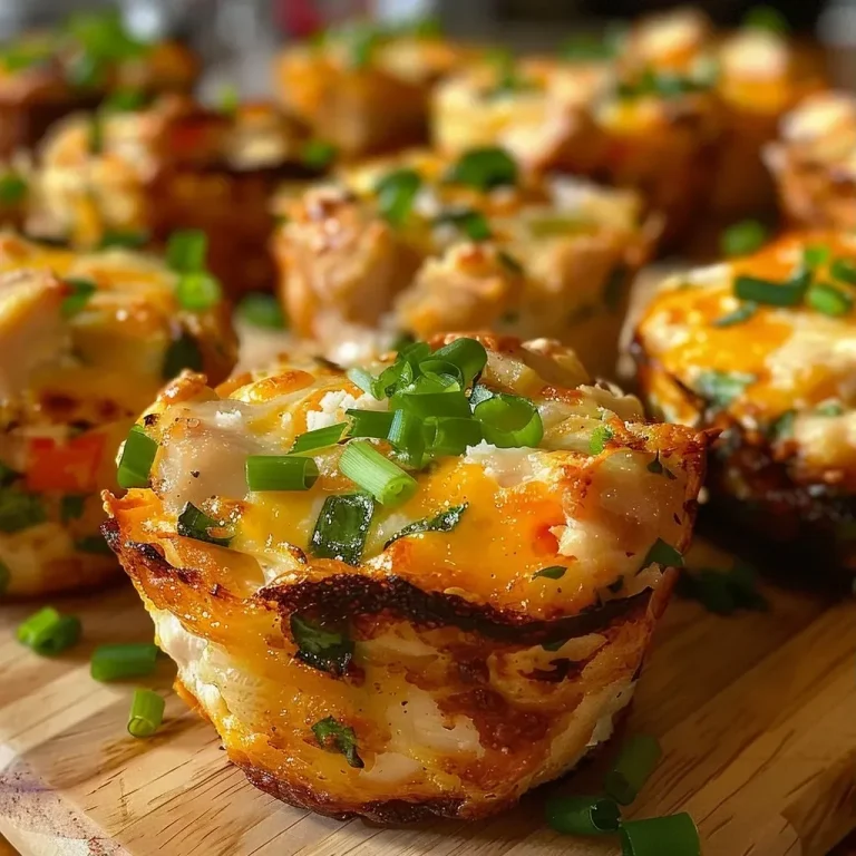 ['Close-up view of juicy Chicken Muffins, highlighting the golden topping and vibrant diced vegetables.', 'Side angle photo of Chicken Muffins, showcasing a moist interior and melted cheese on top.', 'Detail shot of Chicken Muffins with diced bell peppers and green onions, perfect for an appetizing presentation.', 'Juicy Chicken Muffins displayed with a focus on the fluffy texture and colorful ingredients.']