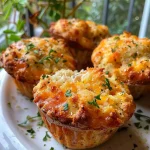 ['A close-up side view of golden-brown Chicken Muffins with visible chicken and cheese.', 'Juicy Chicken Muffins showcasing colorful veggies and a fluffy texture.', 'Side view of freshly baked Chicken Muffins with a crispy exterior and melted cheese.', 'Delicious Chicken Muffins packed with shredded chicken and vibrant vegetables.']