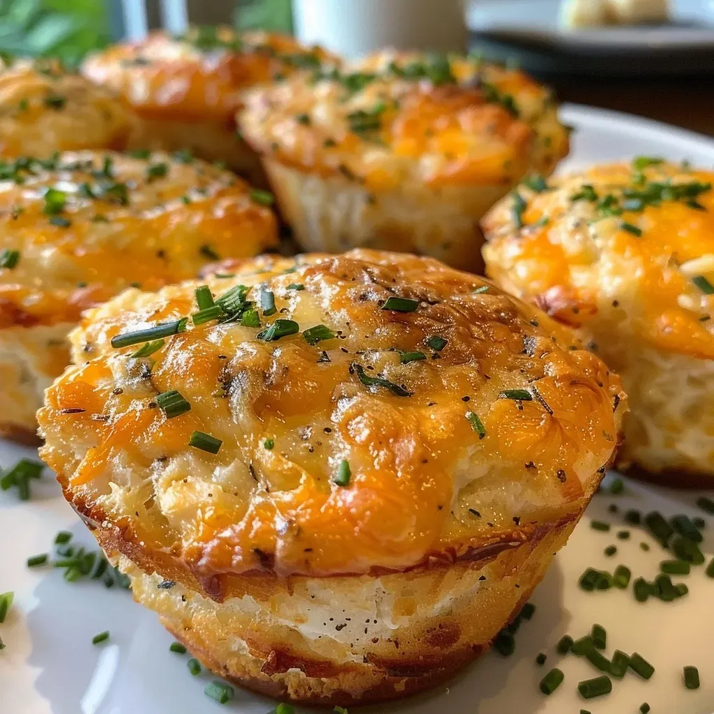 ['A close-up side view of golden-brown Chicken Muffins with visible chicken and cheese.', 'Juicy Chicken Muffins showcasing colorful veggies and a fluffy texture.', 'Side view of freshly baked Chicken Muffins with a crispy exterior and melted cheese.', 'Delicious Chicken Muffins packed with shredded chicken and vibrant vegetables.']