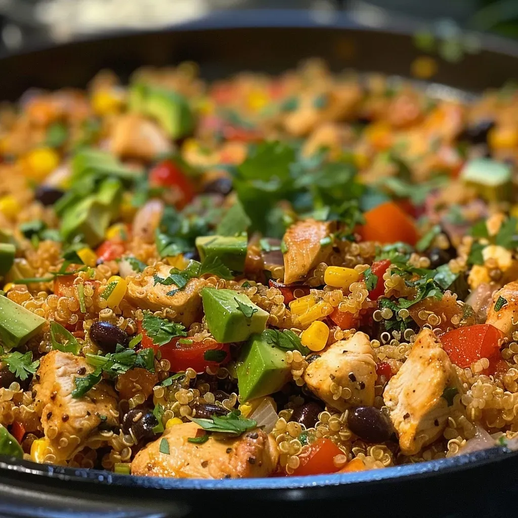 ['A close-up side view of a Chicken Quinoa Skillet, showcasing vibrant bell peppers and juicy chicken pieces.', 'Juicy Chicken Quinoa Skillet with colorful vegetables and a sprinkle of cheese, viewed from the side.', 'A detailed image of Chicken Quinoa Skillet featuring diced chicken, quinoa, and fresh toppings.', 'Close-up of a Chicken Quinoa Skillet, highlighting the mixture of quinoa, chicken, and assorted vegetables.']