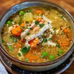 ['A close-up view of a steaming bowl of Chicken Quinoa Soup, showcasing vibrant vegetables and shredded chicken.', 'A side view of Chicken Quinoa Soup in a bowl, highlighting the colorful ingredients and garnishes.', 'Juicy Chicken Quinoa Soup photographed from the side, featuring quinoa, carrots, and herbs.', 'A detailed shot of homemade Chicken Quinoa Soup, with visible chunks of chicken and fresh parsley.']