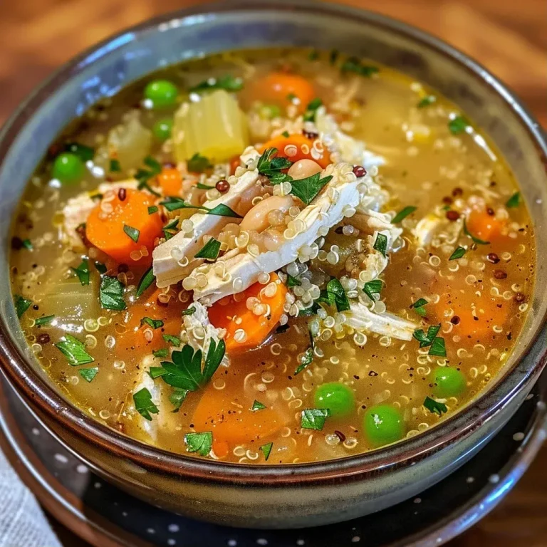 ['A close-up view of a steaming bowl of Chicken Quinoa Soup, showcasing vibrant vegetables and shredded chicken.', 'A side view of Chicken Quinoa Soup in a bowl, highlighting the colorful ingredients and garnishes.', 'Juicy Chicken Quinoa Soup photographed from the side, featuring quinoa, carrots, and herbs.', 'A detailed shot of homemade Chicken Quinoa Soup, with visible chunks of chicken and fresh parsley.']