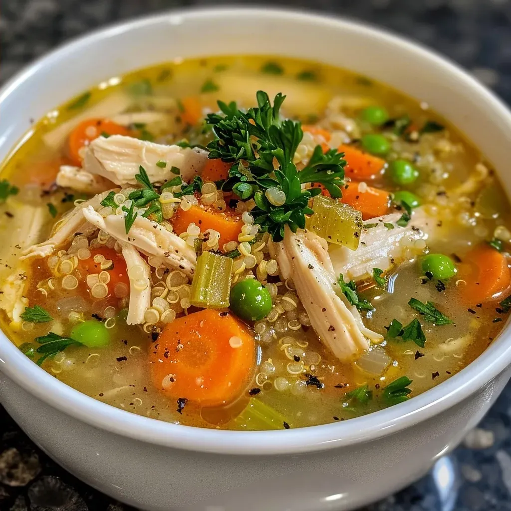 ['A close-up view of a steaming bowl of Chicken Quinoa Soup, showcasing vibrant vegetables and shredded chicken.', 'A side view of Chicken Quinoa Soup in a bowl, highlighting the colorful ingredients and garnishes.', 'Juicy Chicken Quinoa Soup photographed from the side, featuring quinoa, carrots, and herbs.', 'A detailed shot of homemade Chicken Quinoa Soup, with visible chunks of chicken and fresh parsley.']